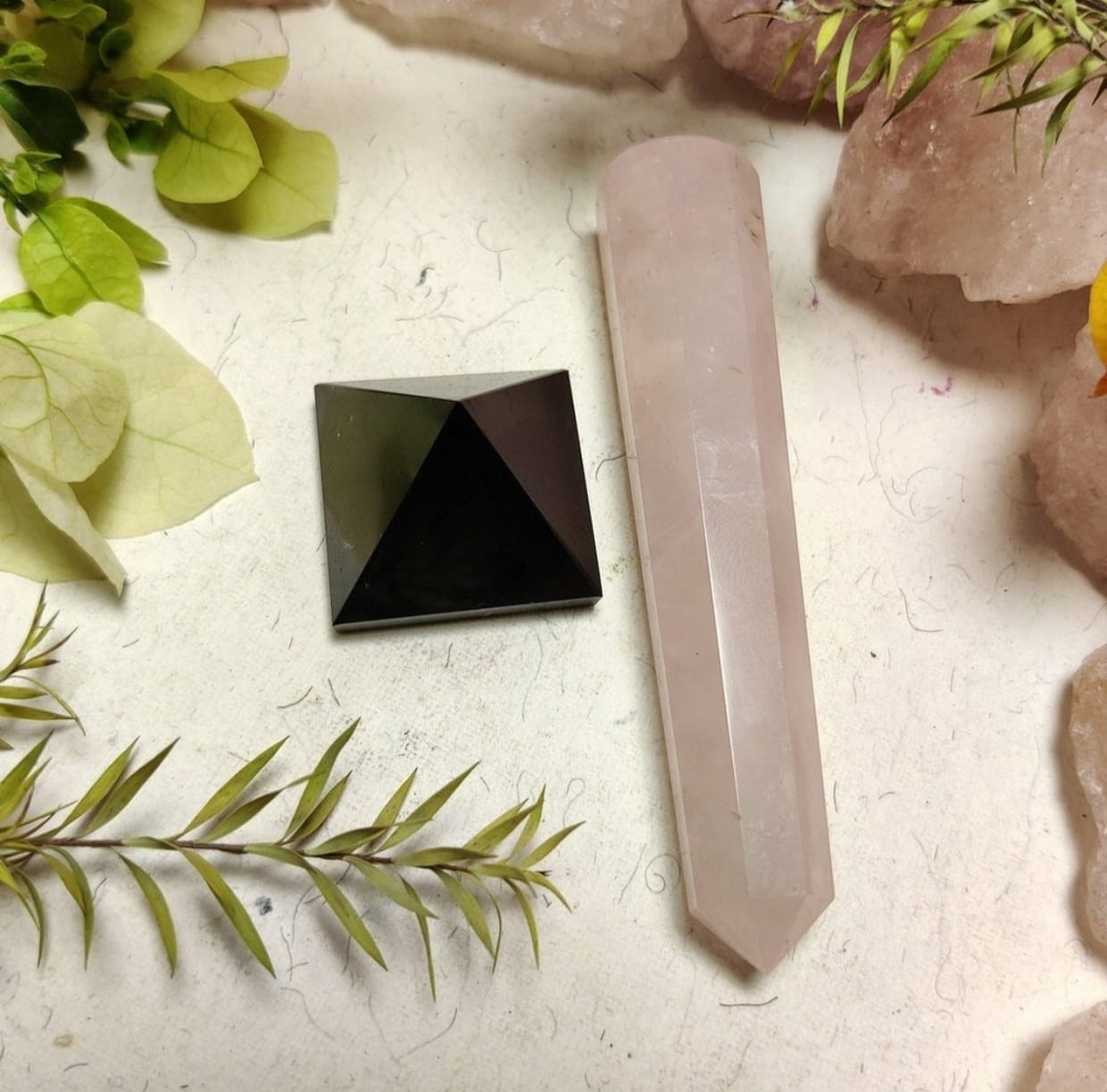 Black Pyramid and Rose Quartz Obelisk