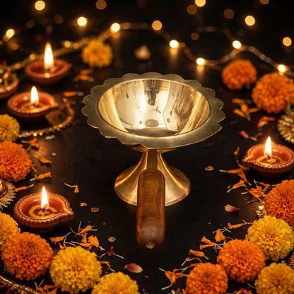 Brass Diya Shape Pooja Bowl with Wooden Handle – Traditional Hindu Ritual Aarti and Puja Accessor