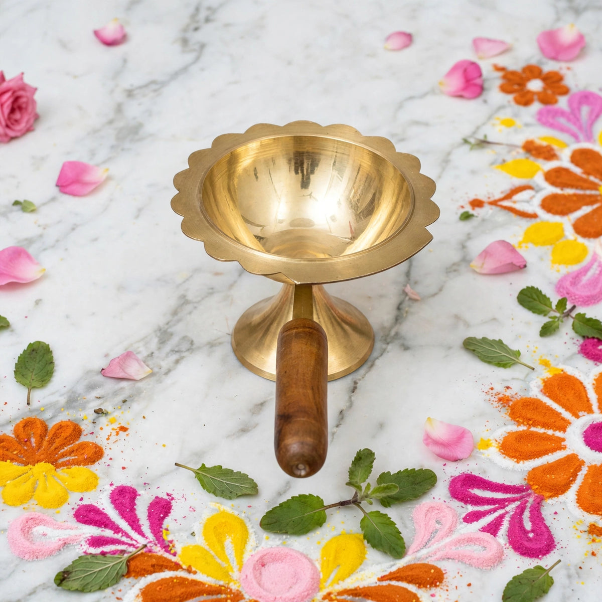 Brass Diya Shape Pooja Bowl with Wooden Handle – Traditional Hindu Ritual Aarti and Puja Accessor
