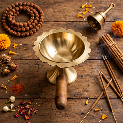 Brass Diya Shape Pooja Bowl with Wooden Handle – Traditional Hindu Ritual Aarti and Puja Accessor