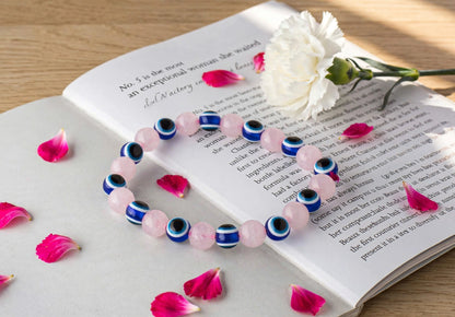 Rose Quartz & Evil Eye Bracelet | Natural Crystal Bracelet for Love, Positivity & Protection