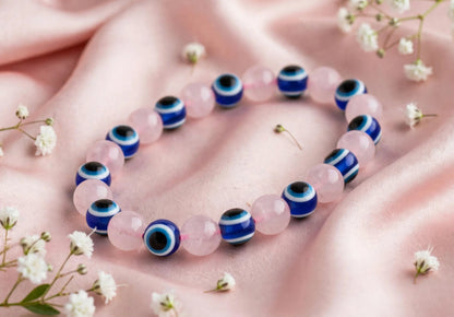 Rose Quartz & Evil Eye Bracelet | Natural Crystal Bracelet for Love, Positivity & Protection