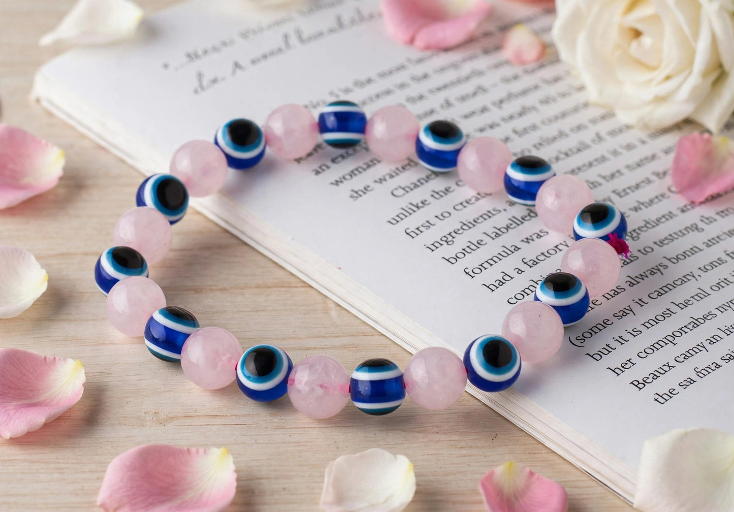 Rose Quartz & Evil Eye Bracelet | Natural Crystal Bracelet for Love, Positivity & Protection
